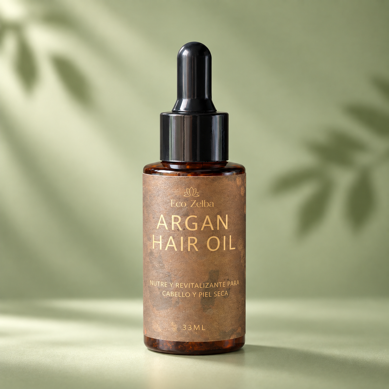 Argan Hair Oil de Eco Zelba, frasco ámbar de 33 ml con cuentagotas y etiqueta kraft