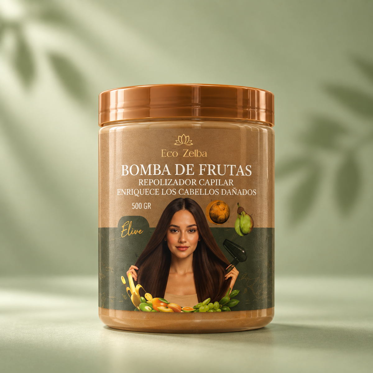Bomba de Frutas de Eco Zelba, tarro de 500 g con tapa cobre y etiqueta kraft y verde