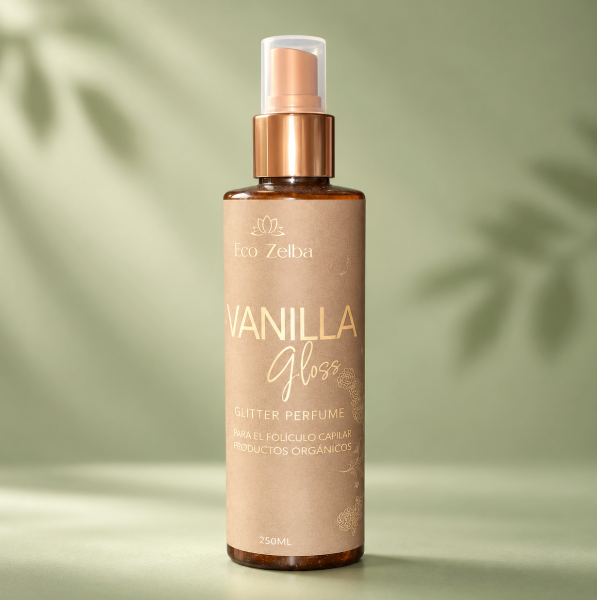 Vanilla Gloss de Eco Zelba, botella de 250 ml con etiqueta kraft y dosificador cobre
