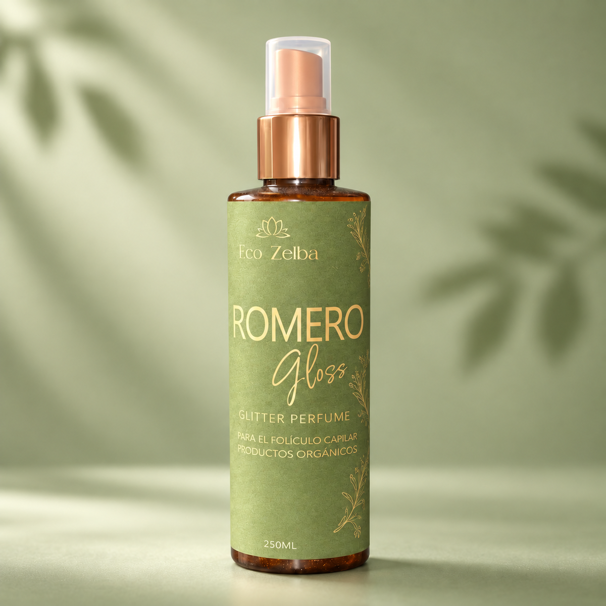 Romero Gloss de Eco Zelba, botella de 250 ml con etiqueta verde salvia y dosificador cobre