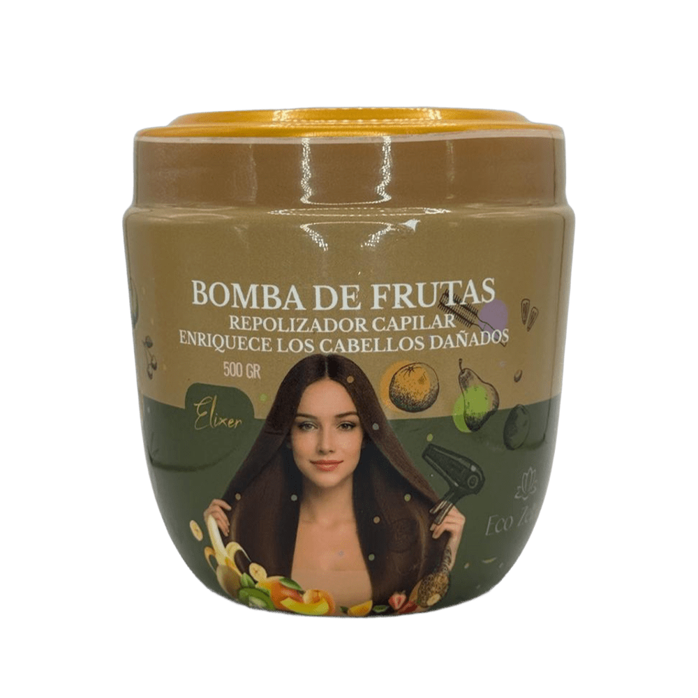 Repolarizador capilar Bomba de Frutas de Eco Zelba, envase de 500 g visto de frente
